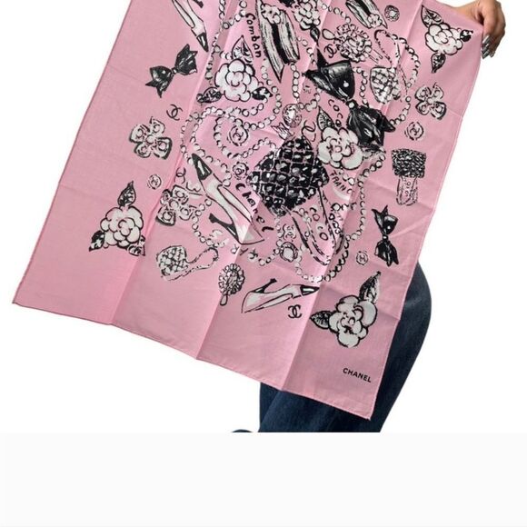 AUTHENTIC CHANEL ICONIC CC COCOMARK PINK & BLACK SYMBOLS SCARF/ HEADBAND - Picture 3 of 9